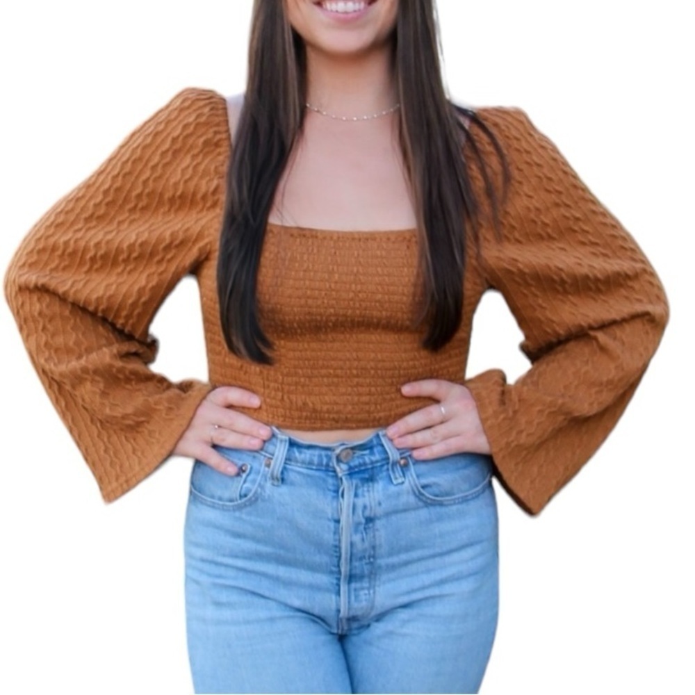 Boutique A Love Like You Smocked Crop Top With Bell Sleeves Acorn Brown Sz M